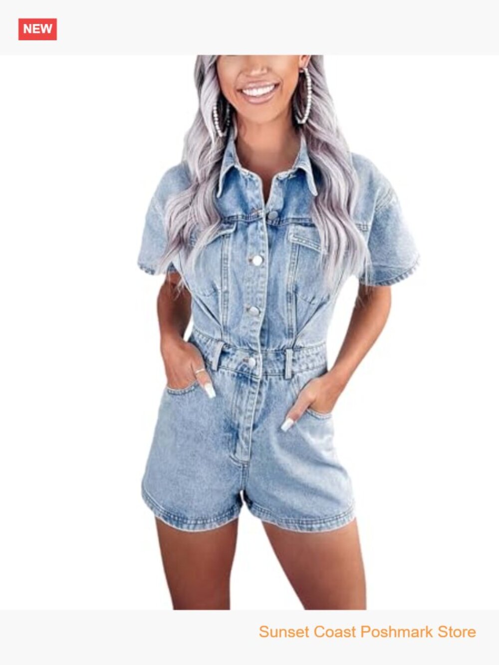 Distressed Button Front Denim Romper Short Sleeve Vintage Slim Fit Jumpsuit - Picture 2 of 4